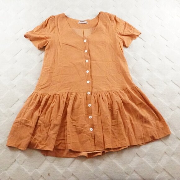Urban Outfitters Linen Tiered Mini Dress Womens Medium Button Up - Picture 1 of 12